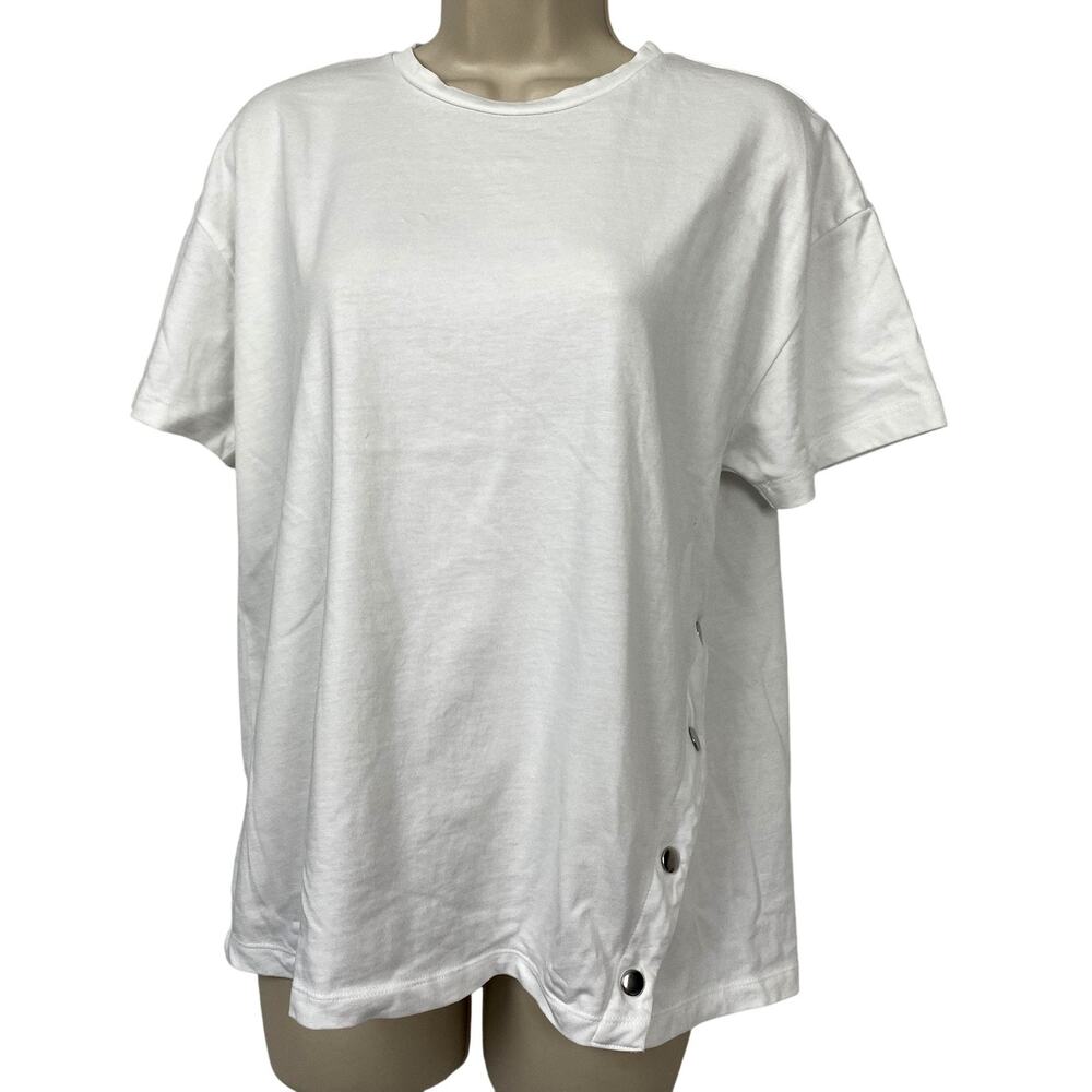 Zara Shirt Womens Small White Snap Button Side Boxy Oversized Relaxed Fit Tee